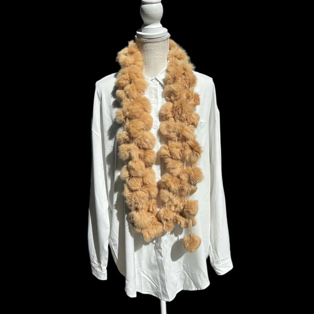 🌻Vintage Genuine Rabbit Fur Soft Warm Tan Pon Pons Scarf